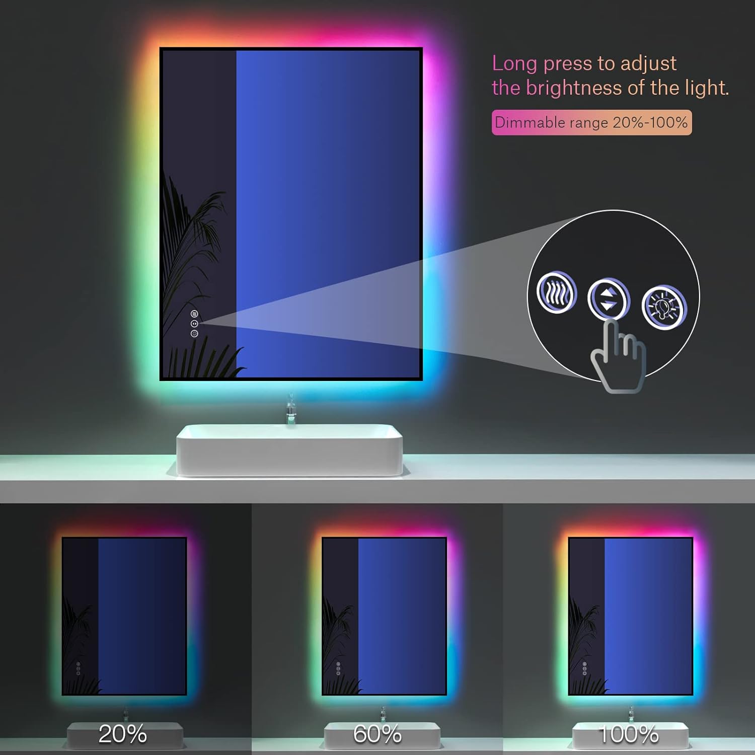 Amorho Espejo de baño LED con retroiluminación RGB, 28 x 36 pulgadas, espejo de tocador iluminado que cambia de color para pared, control táctil,