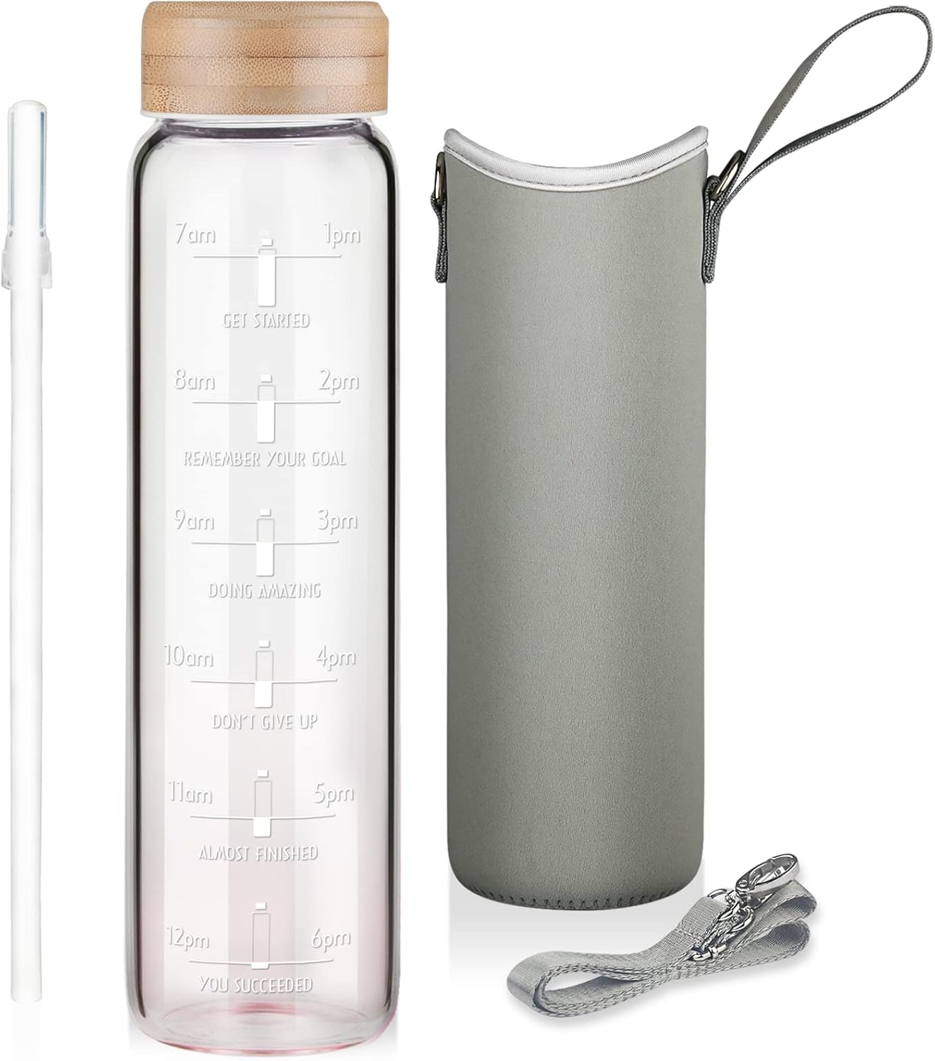 Botella de agua de vidrio de borosilicato de 32 onzas con popote y marcador de tiempo, botella de agua motivacional de boca ancha con funda de