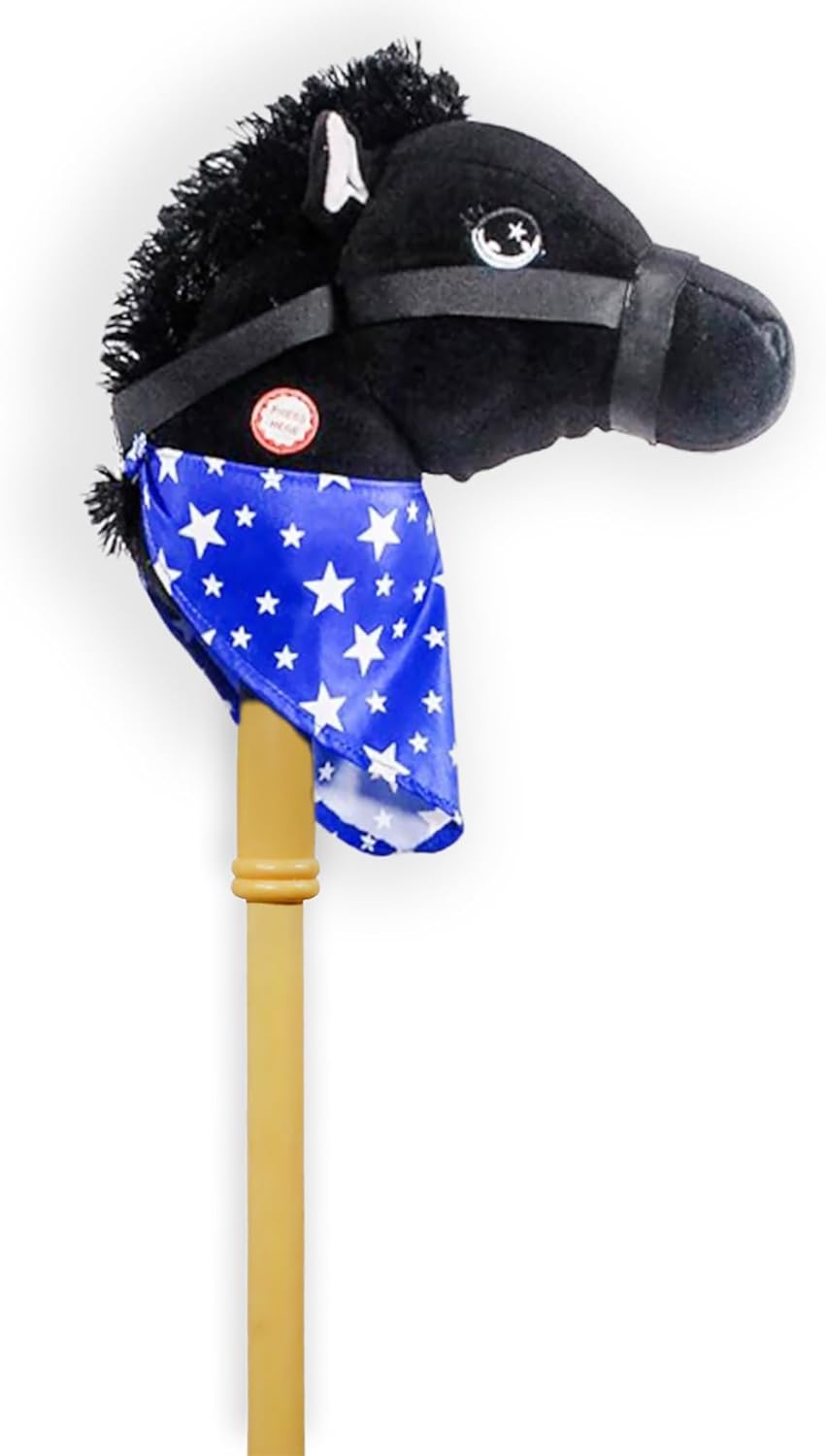 PonyLand Caballo de palo negro con juguete de sonido, 28 pulgadas