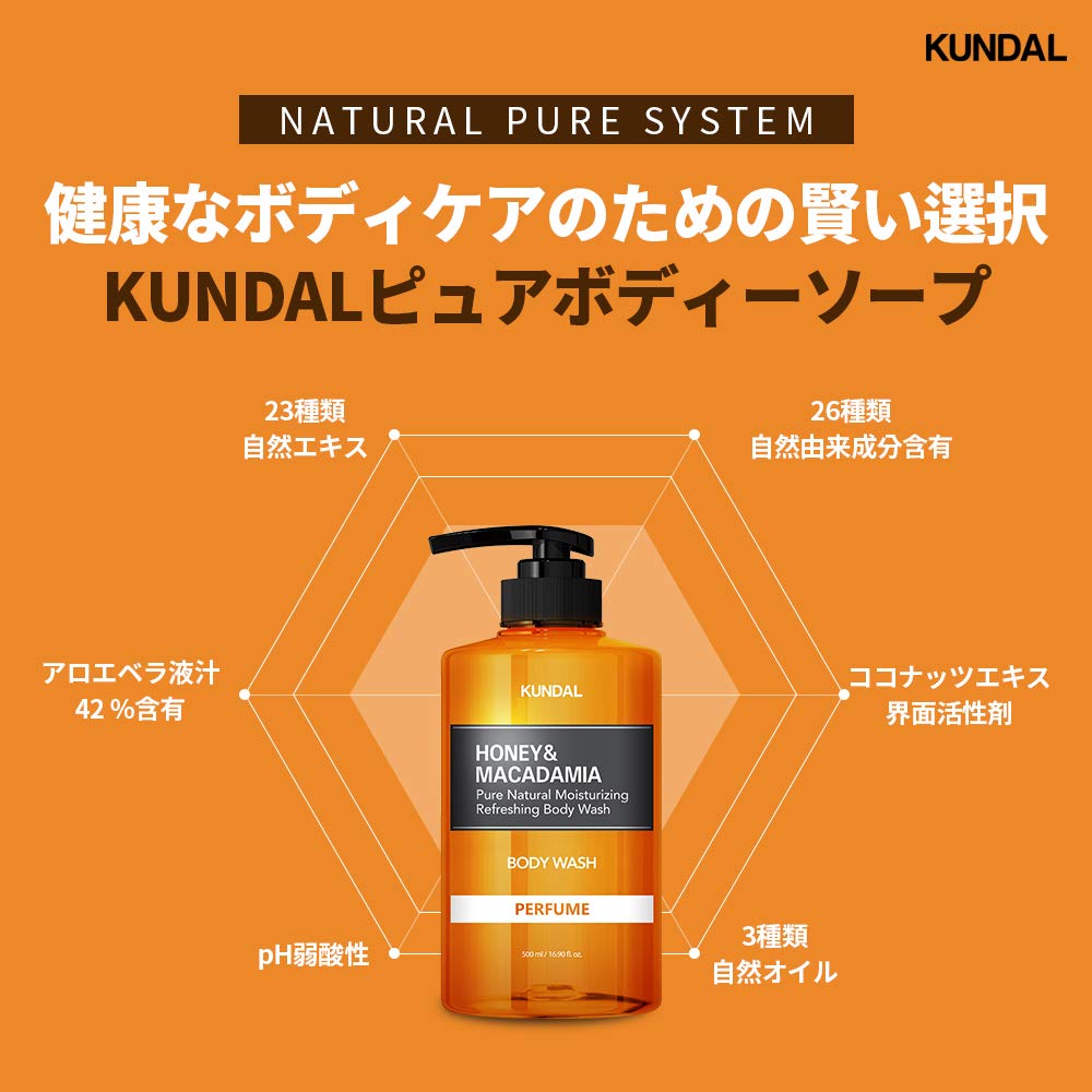 Kundal Nature Honey & Macadamia Gel de baño hidratante natural polvo de bebé nutrición profunda, mezcla de 33 extractos naturales, 10,000 ppm de
