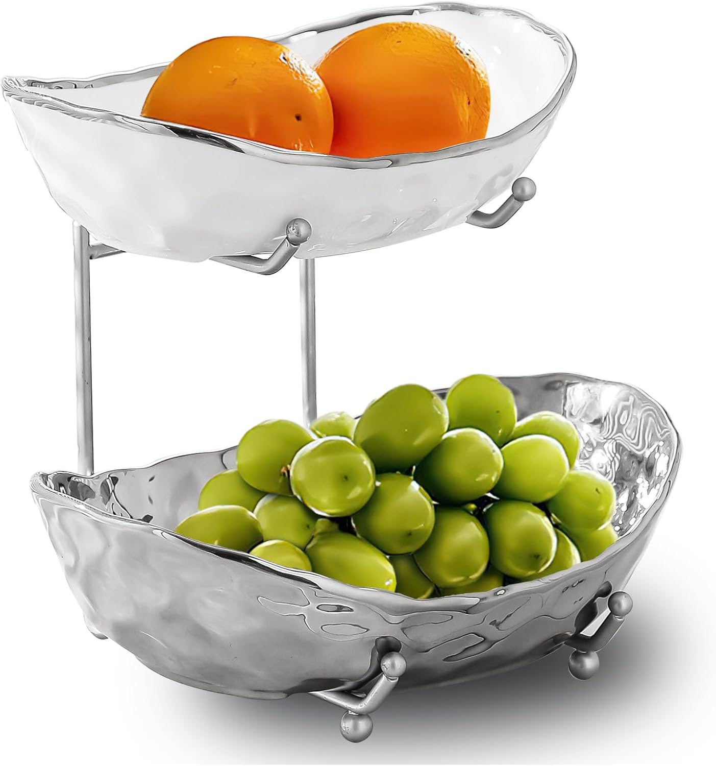Frutero para encimera de cocina, cuencos de cerámica de 2 niveles con soporte de metal, cesta de frutas escalonada para almacenamiento de frutas y