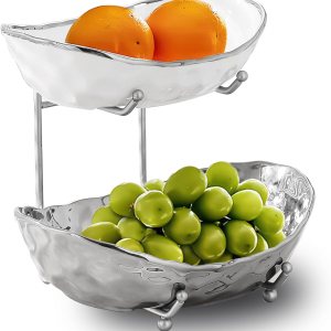 Frutero para encimera de cocina, cuencos de cerámica de 2 niveles con soporte de metal, cesta de frutas escalonada para almacenamiento de frutas y Frutero para encimera de cocina, cuencos de cerámica de 2 niveles con soporte de metal, cesta de frutas escalonada para almacenamiento de frutas y