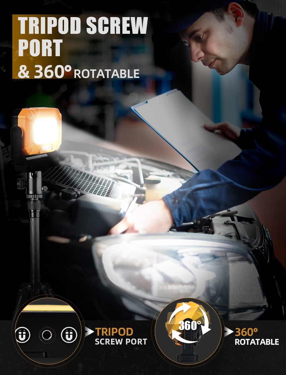 Luz de trabajo LED, 1500 lúmenes, 7 modos de luz, luz de trabajo recargable con soporte magnético giratorio de 360, portátil, pequeña luz mecánica