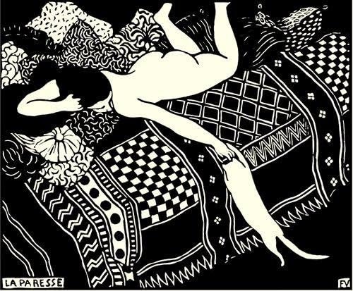 Cat La pereza by Felix Vallotton Lady en una cama jugando con un gato. Classic y elegante blanco y negro imagen. Horizontal. 16″ x 20″ Tamaño de la