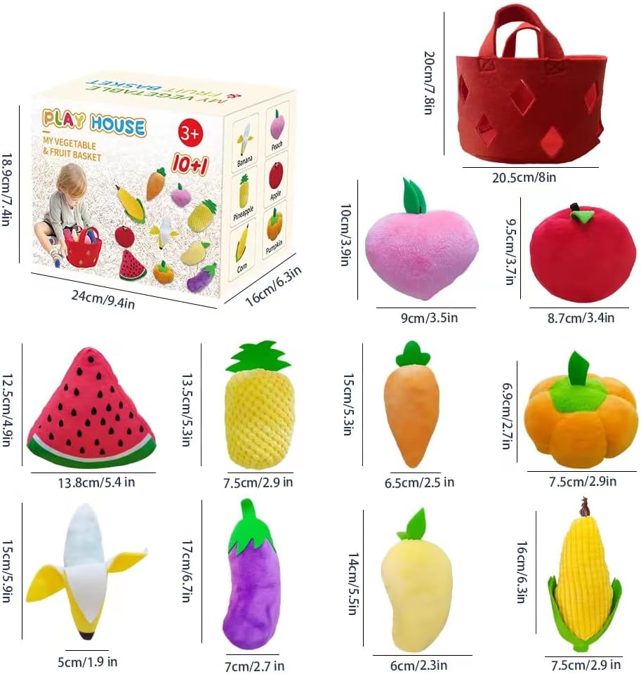 weiff 11 piezas de frutas rellenas de frutas y verduras con canasta, juguetes sensoriales Montessori, juego de comida suave para niños, mascotas,