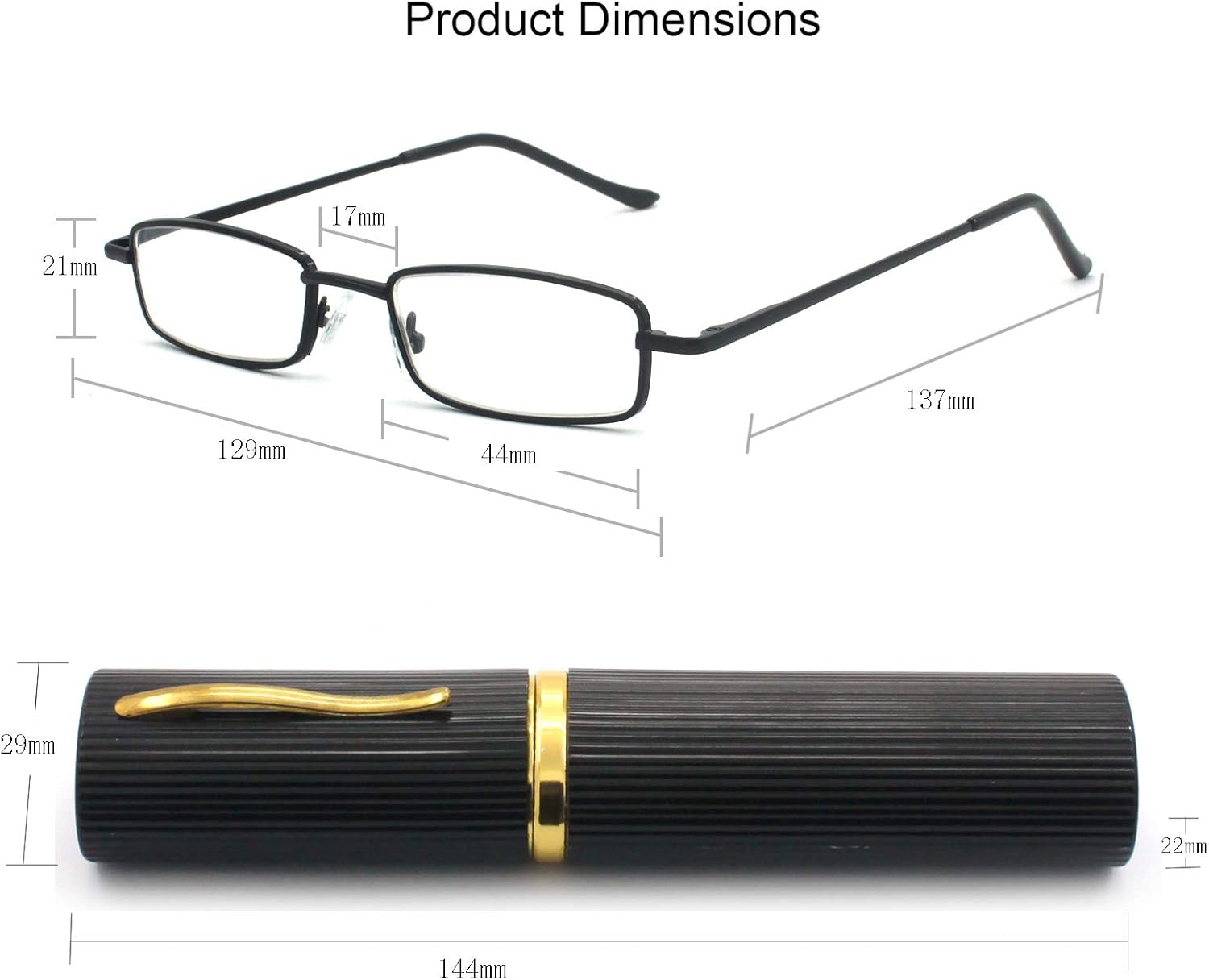 Juego de 5 gafas de lectura de metal delgadas con estuche de tubo para hombres y mujeres, multicolor