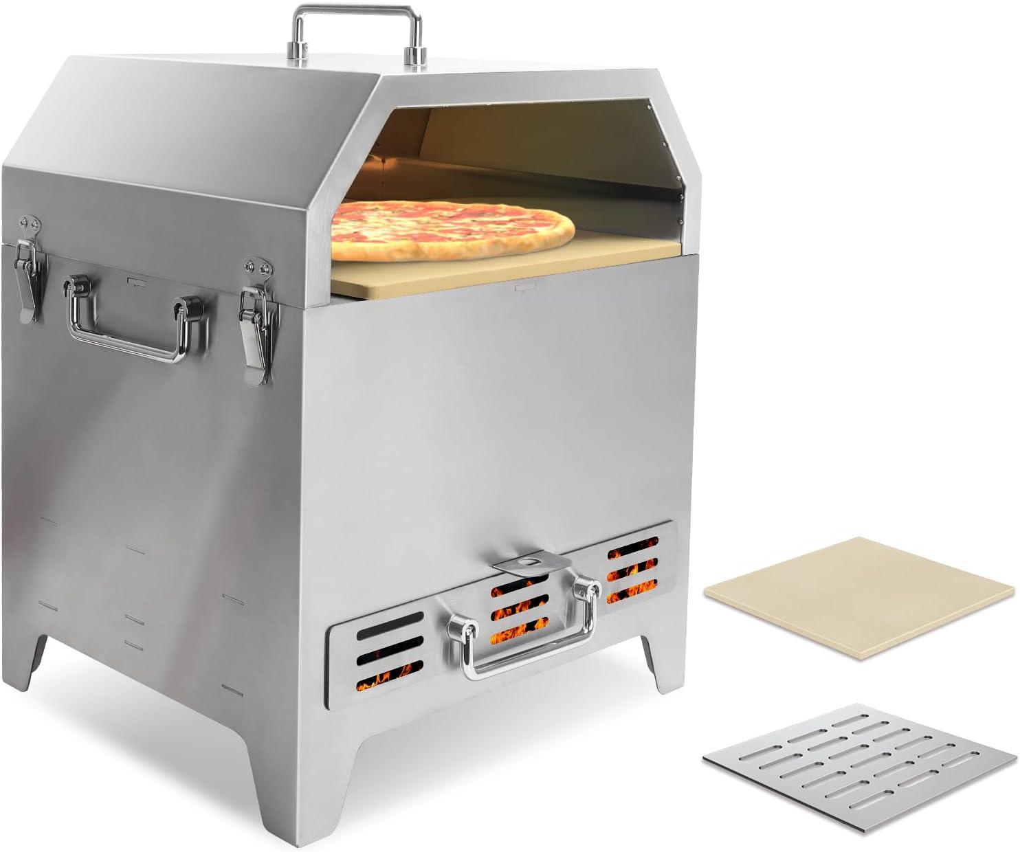 SafBbcue Horno de pizza 4 en 1 para exteriores, 2 capas desmontables exteriores de acero inoxidable más grueso, hornos de madera con piedra para