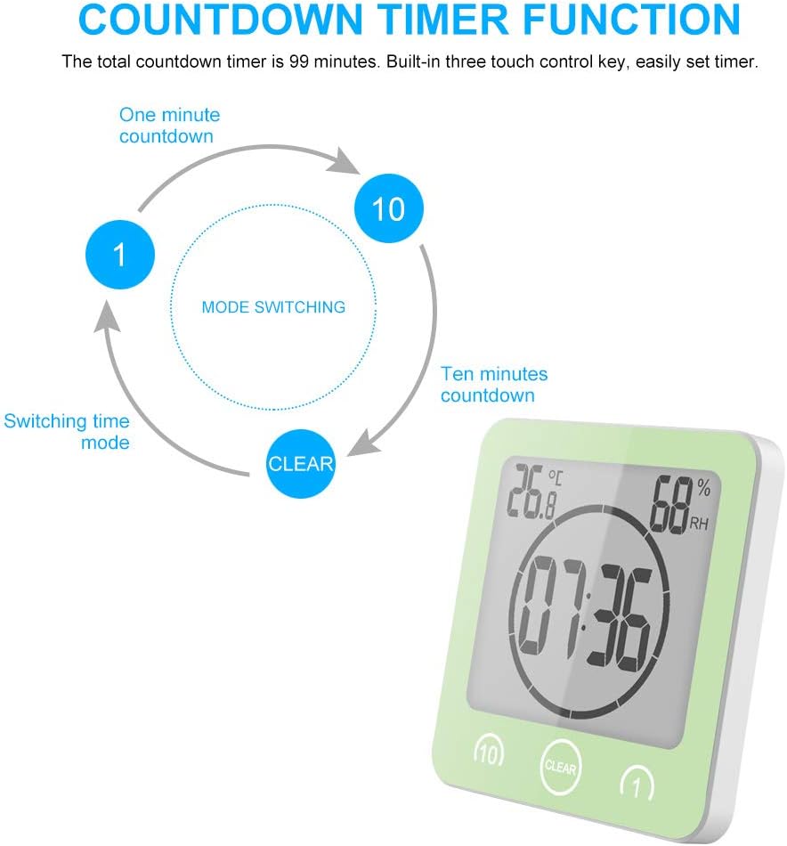 AOZBZ Shower Wall Clock, Digital Kitchen Timer with Alarm, Waterproof Touch Screen Timer, Temperature Humidity Display with Suction Cup Hanging Hole