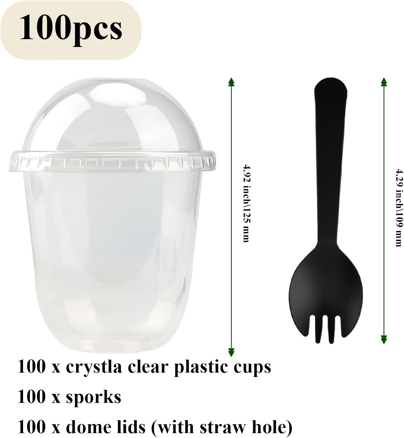 Paquete de 100 vasos de plástico transparente de 12 onzas con tapas de cúpula y tenedores, vasos desechables de postre con tapas, recipientes