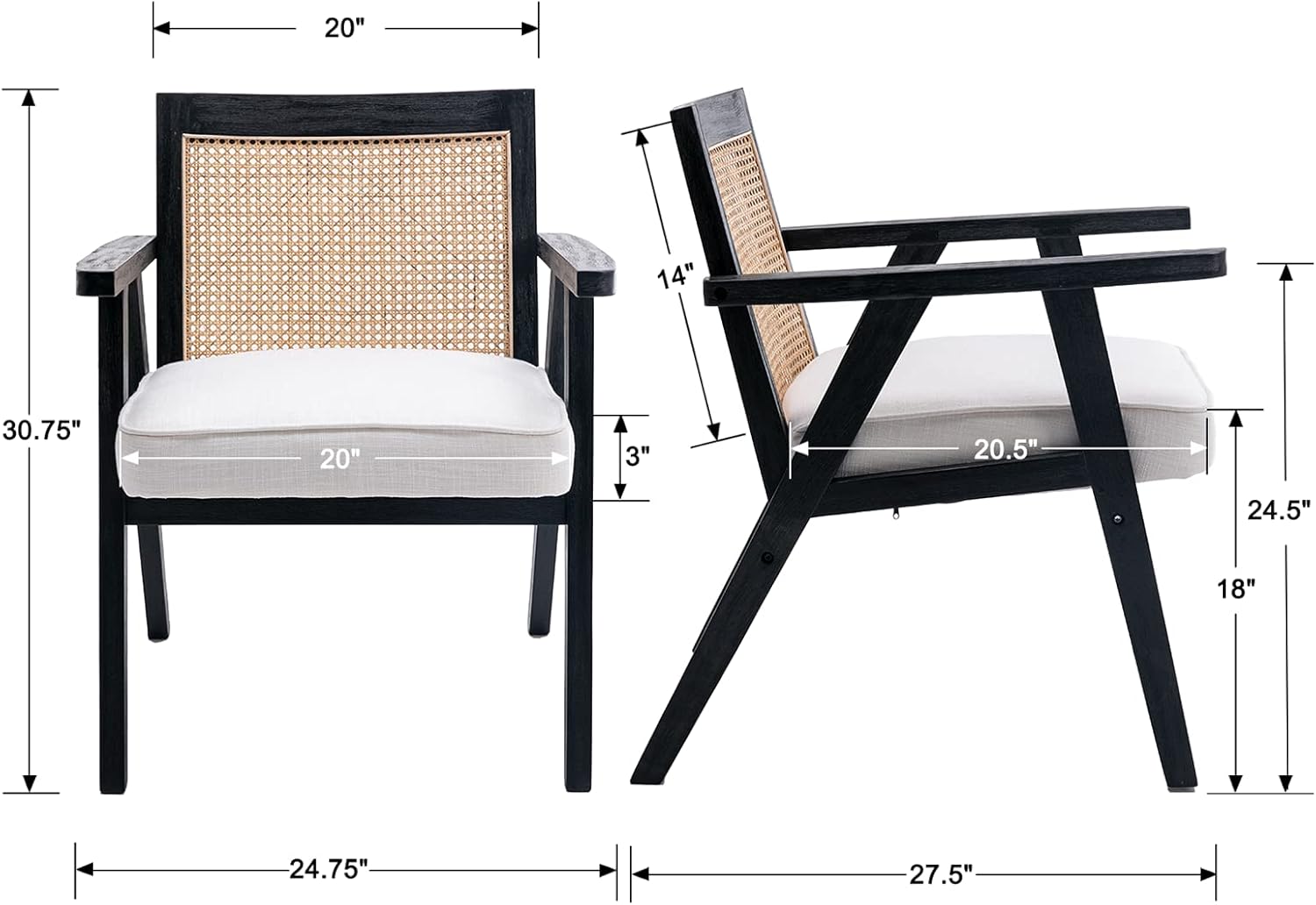 chairus Silla decorativa para sala de estar, sillón tapizado de lino con respaldo de ratán transpirable y madera maciza negra, moderna y compacta