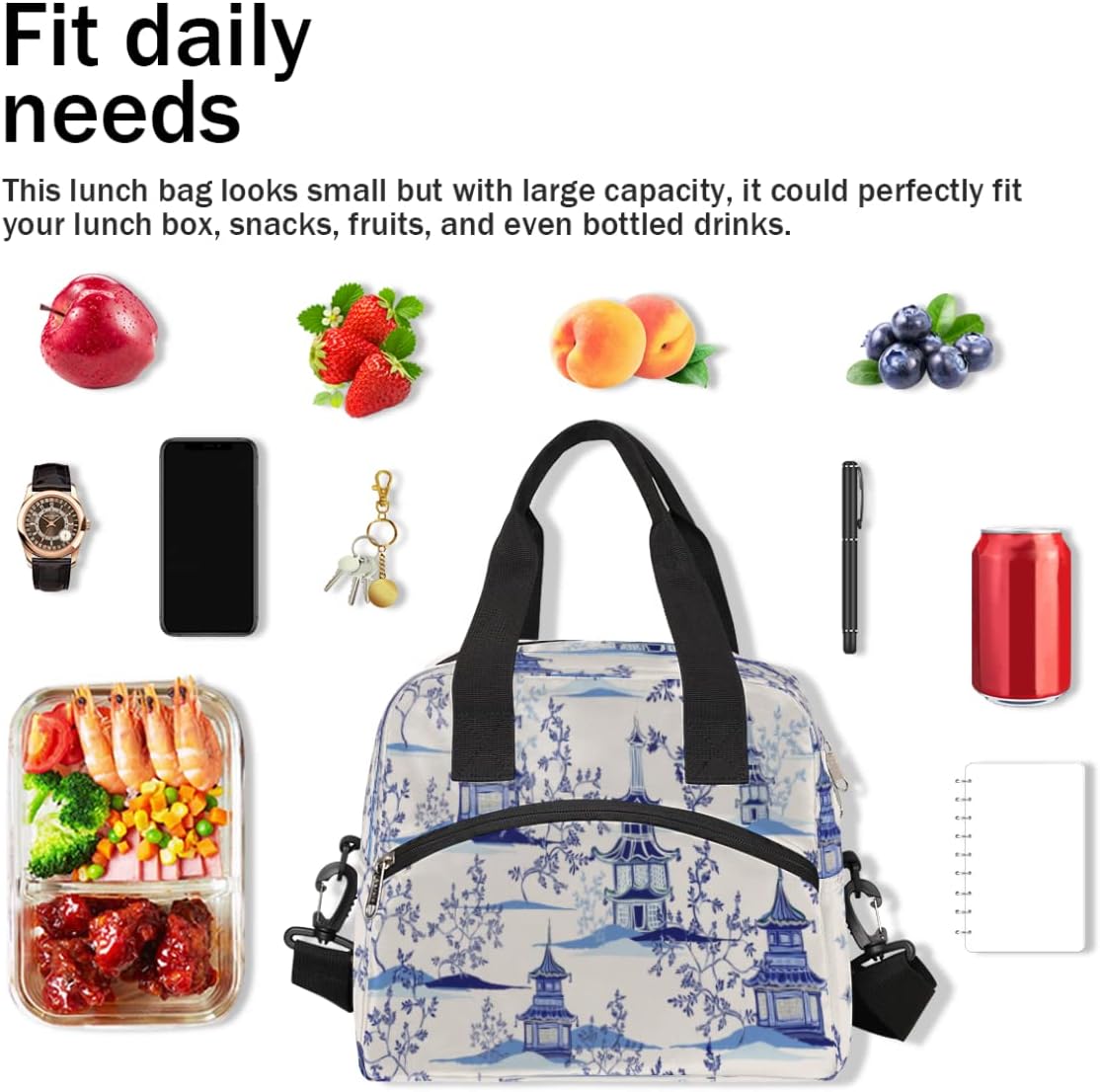 Bolsas de almuerzo con diseño de pagodas chinas de tinta, bolsa aisladaenfriadora para mujeres, hombres, niñas, niños, estilo chinoiserie, bolsa de
