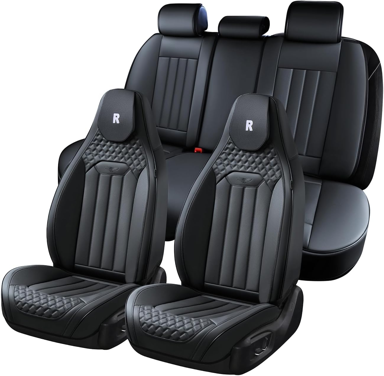 Coverado Juego completo de fundas de asiento de automóvil, fundas de asiento de cubo para 5 asientos, fundas de asiento de cuero de napa para