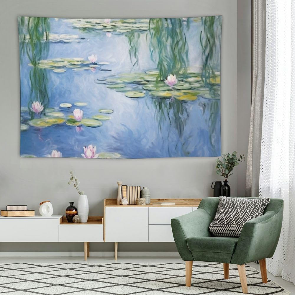 DPOTLI Monet – Tapiz floral estético para dormitorio, diseño de lirios de agua azules, póster abstracto de flores naturales para colgar en la pared
