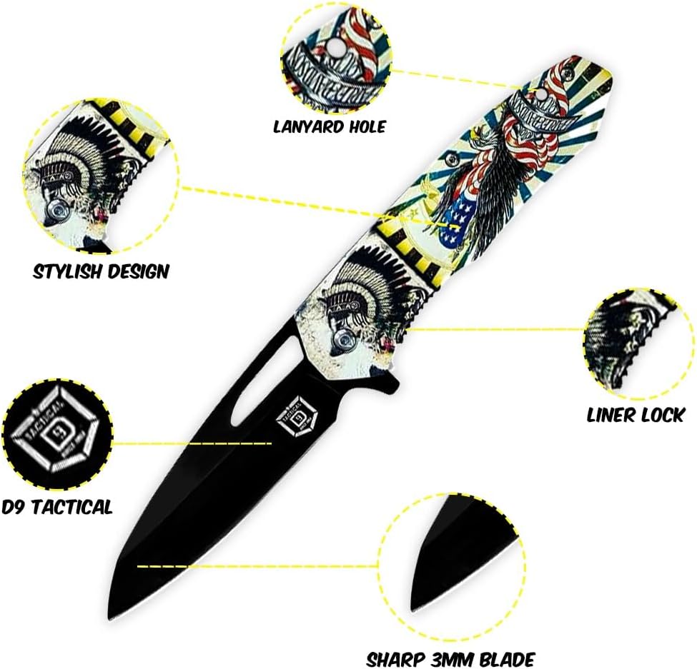 D9 Tactical Cuchillo de bolsillo de 3.75 pulgadas  Cuchillo asistido por resorte con bloqueo de forro, agujero para cordón y clip de bolsillo