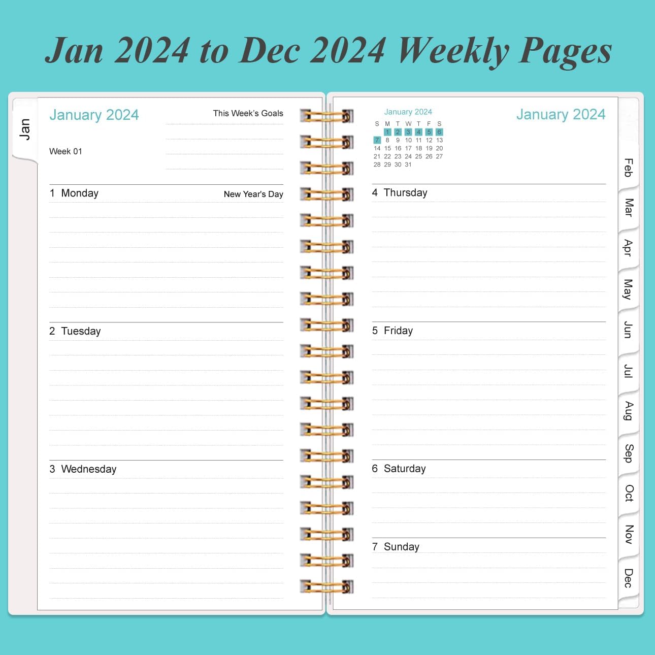 Agenda de bolsillocalendario 2024  Agenda semanal mensual A6, enero 2024 a diciembre 2024, 3.75 x 6.75 pulgadas con cubierta flexible, pestañas,