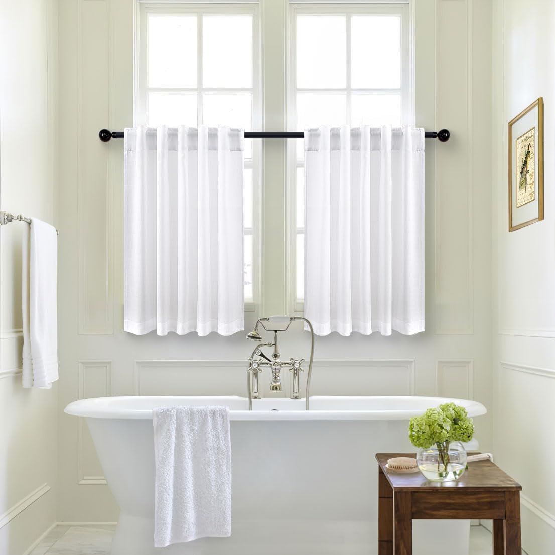 Cortinas blancas de cocina de 36 pulgadas de largo, juego de 2 paneles de media ventana, bolsillo trasero, cortinas de café de nivel pequeño,