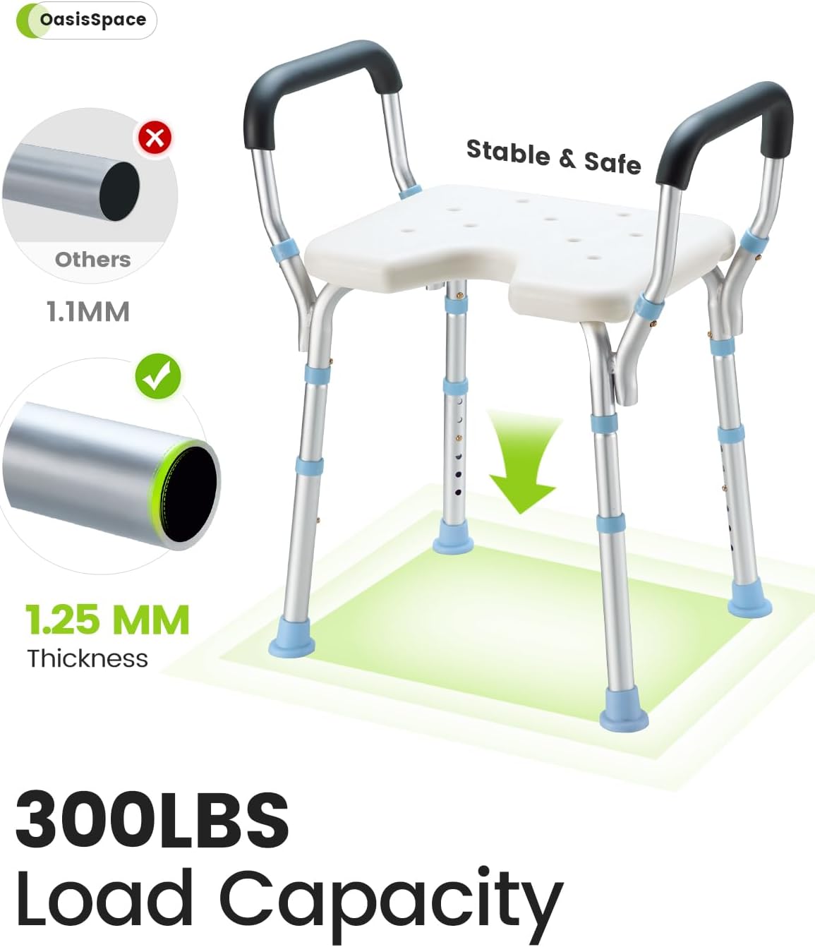 OasisSpace Silla de ducha ajustable con brazos para ducha interior, banco de ducha resistente con asiento recortado de 300 libras, taburete de