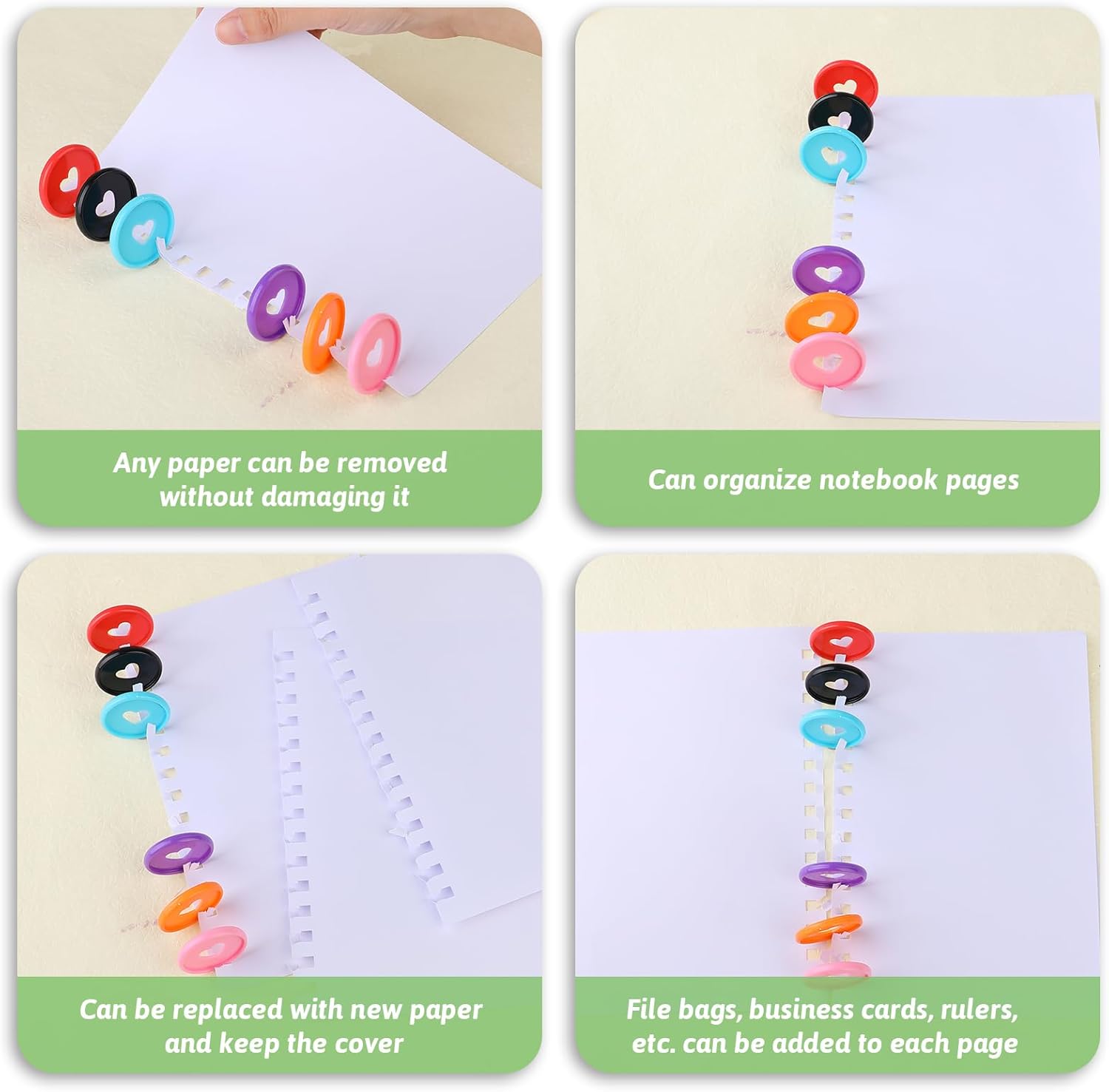 60 discos de plástico para carpeta de hojas sueltas, 10 colores de 1.4 pulgadas, discos expansores de plástico con forma de corazón de 1.4 pulgadas,