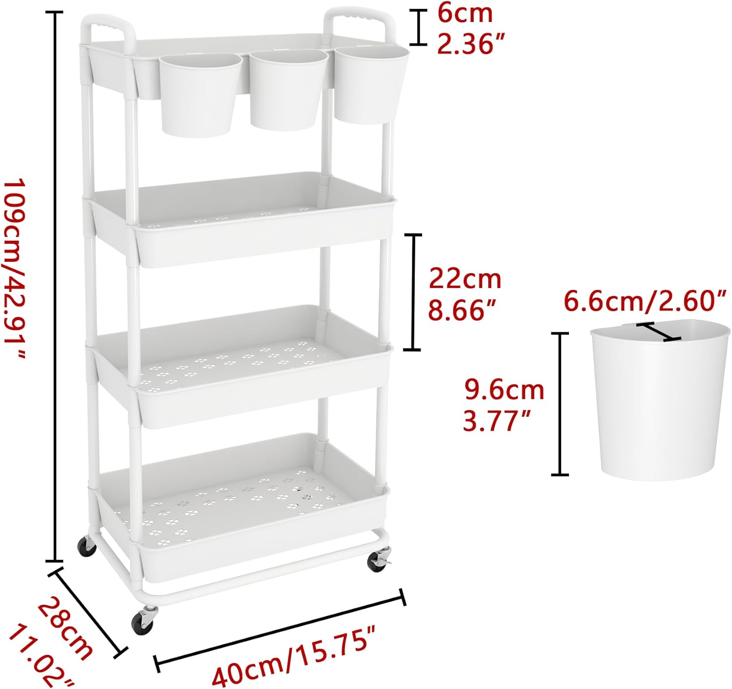 JIUYOTREE Carrito de almacenamiento de plástico de 4 niveles con asas de tazas colgantes adicionales, ruedas bloqueables para sala de estar, baño,
