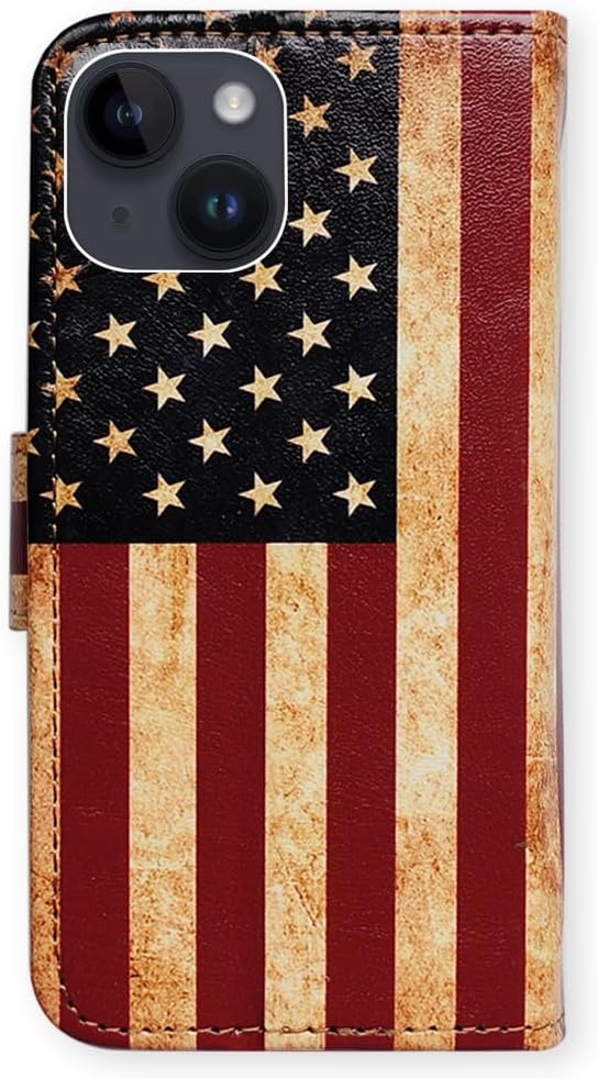Bcov Funda para iPhone 15 Plus, diseño retro de la bandera estadounidense con tapa para teléfono, con ranura para tarjetas, soporte para iPhone 15