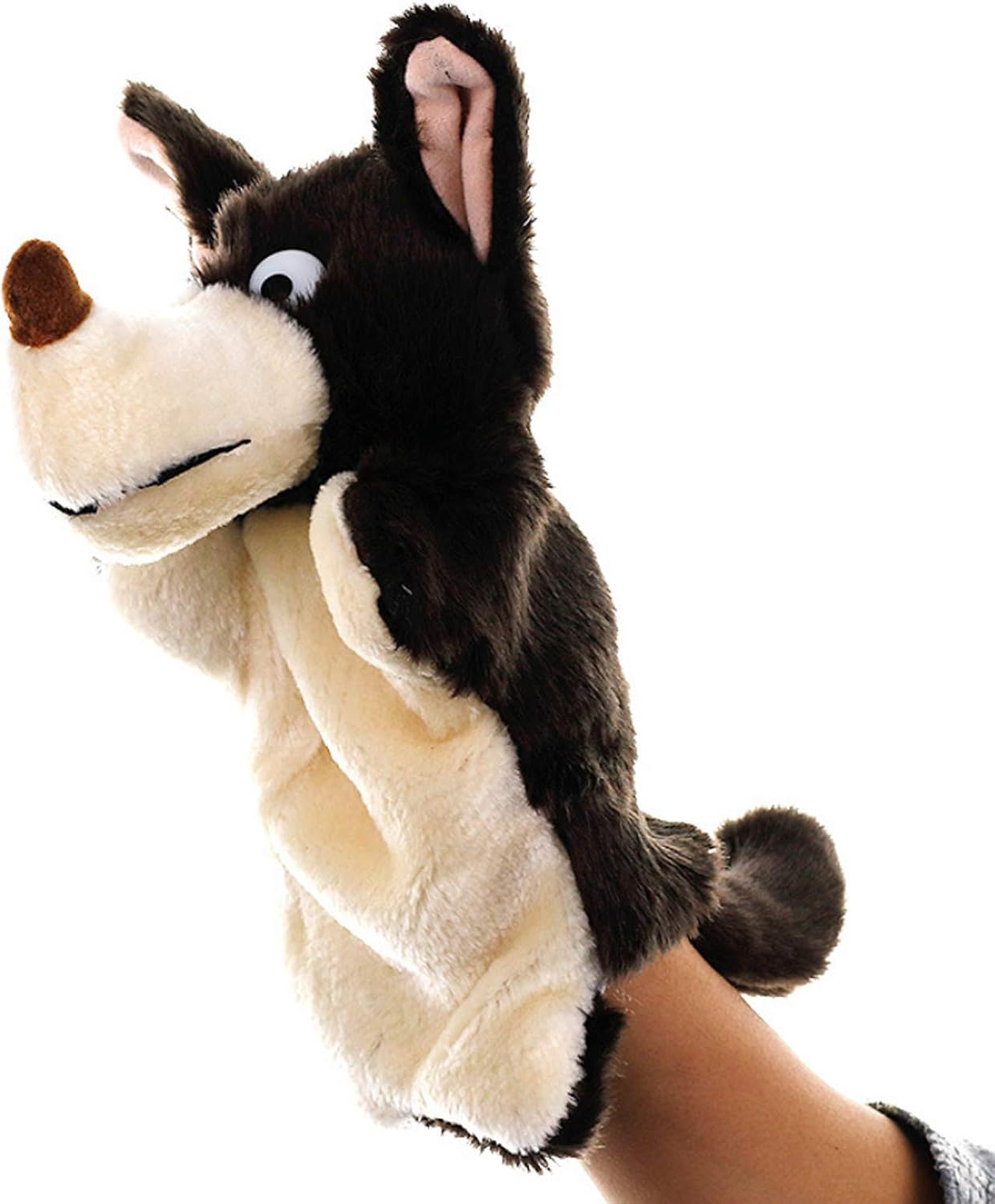 Marionetas de mano de lobo, juguetes de animales de peluche para imaginativo juego de simulación, cuentos regalos para niños, marrón