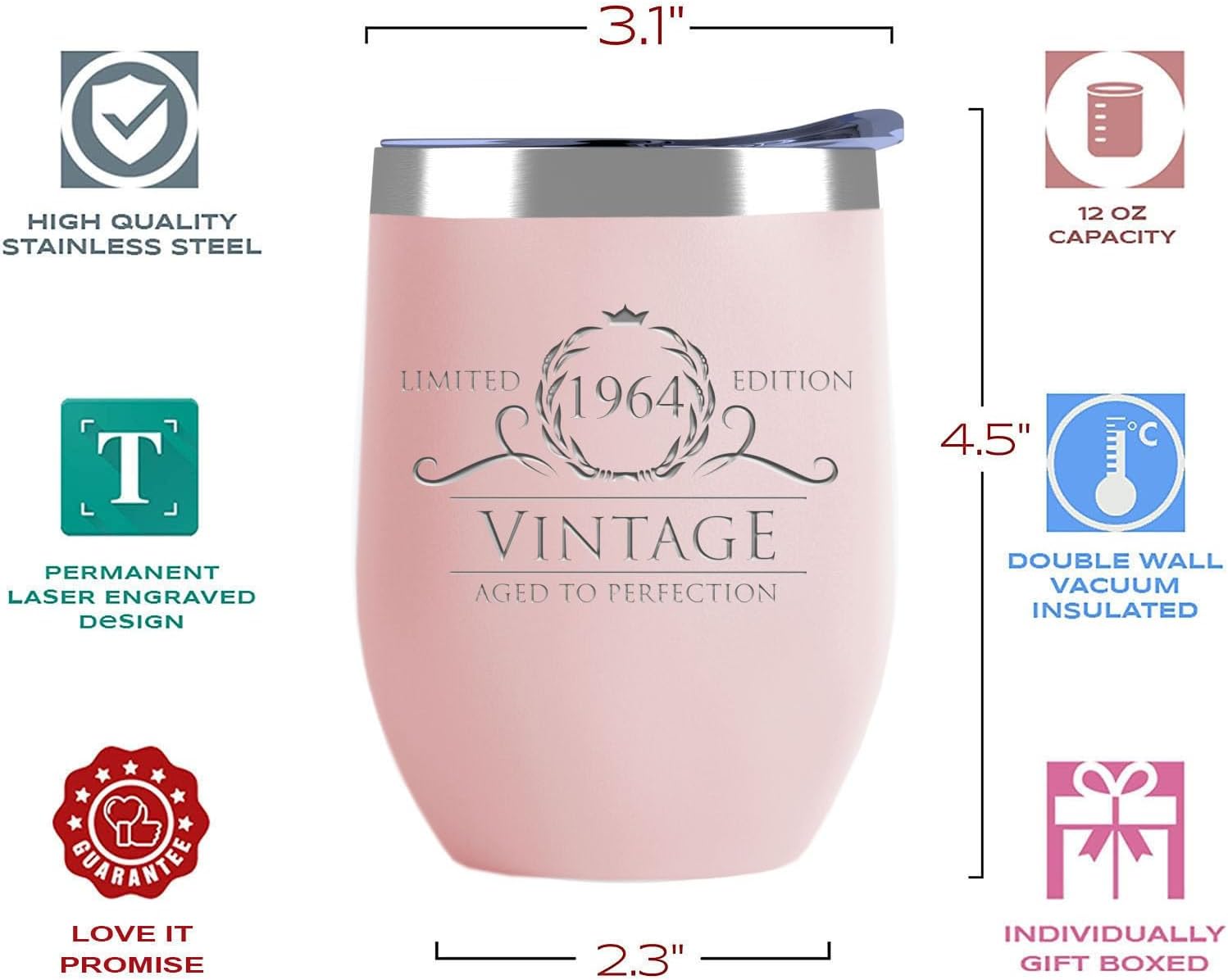 Regalos de cumpleaños número 60 para mujeres y hombres, vaso de vino sin tallo, 1964, 12 onzas, rubor, decoraciones de 60 cumpleaños para mujeres,