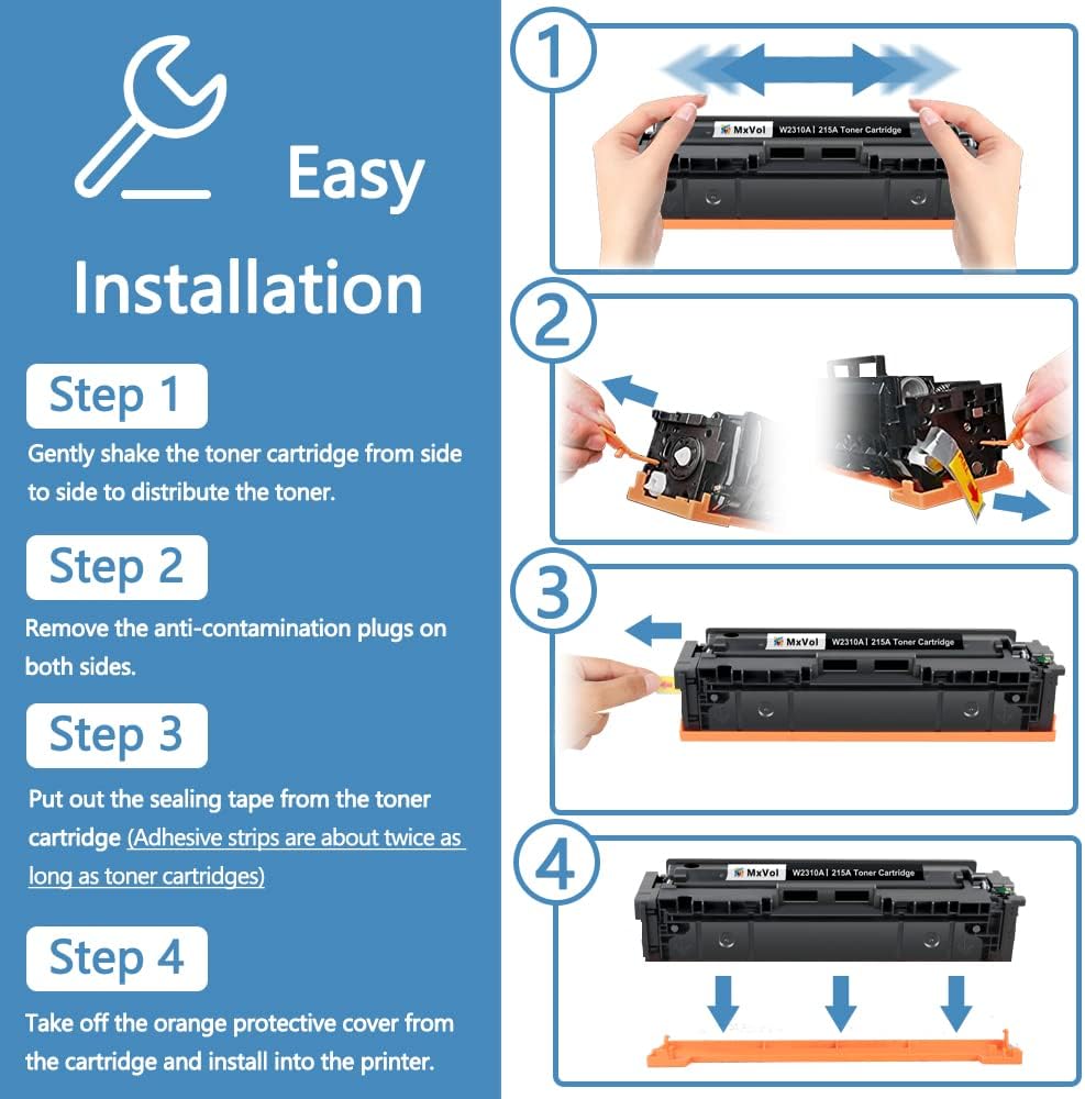 MxVol Paquete de 4 cartuchos de tóner 215A (con chip) compatibles con HP 215A W2310A W2311A W2312A W2313A uso para impresora HP Laserjet Pro MFP