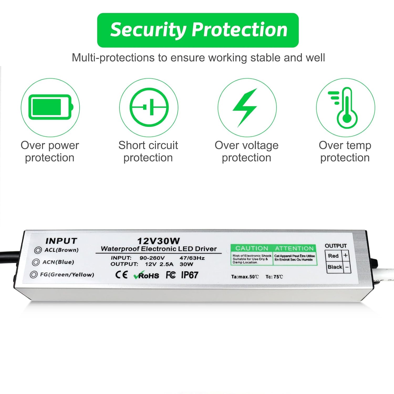 Fuente de alimentación LED de 12 V 30 W, controlador LED IP67 impermeable, transformador LED con enchufe de 3.3 pies de cable para luz LED, proyecto