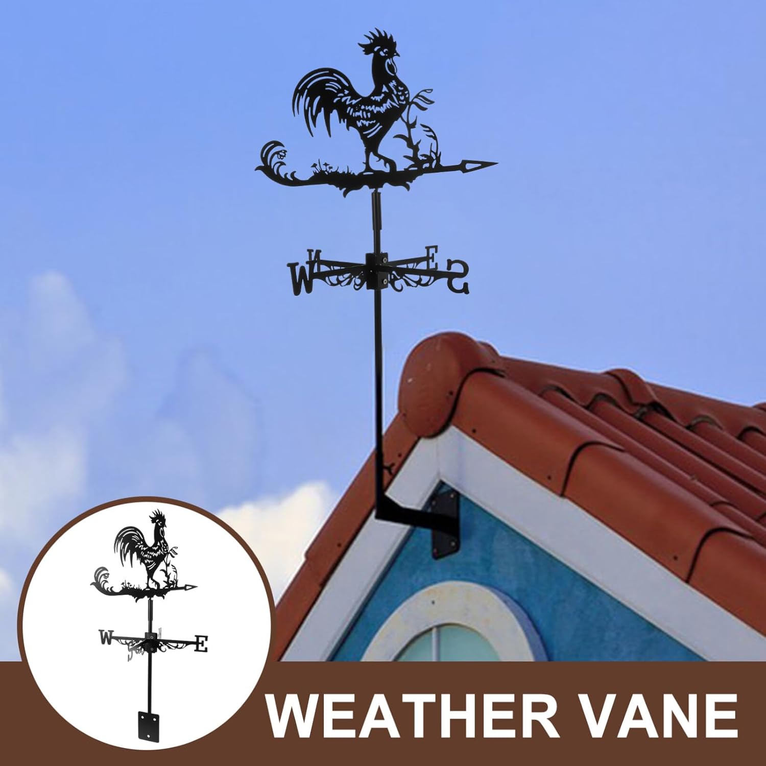 Happyyami Paleta de viento de gallo en la azotea de la azotea, indicador de dirección del viento de metal retro, decoración de arte de jardín para