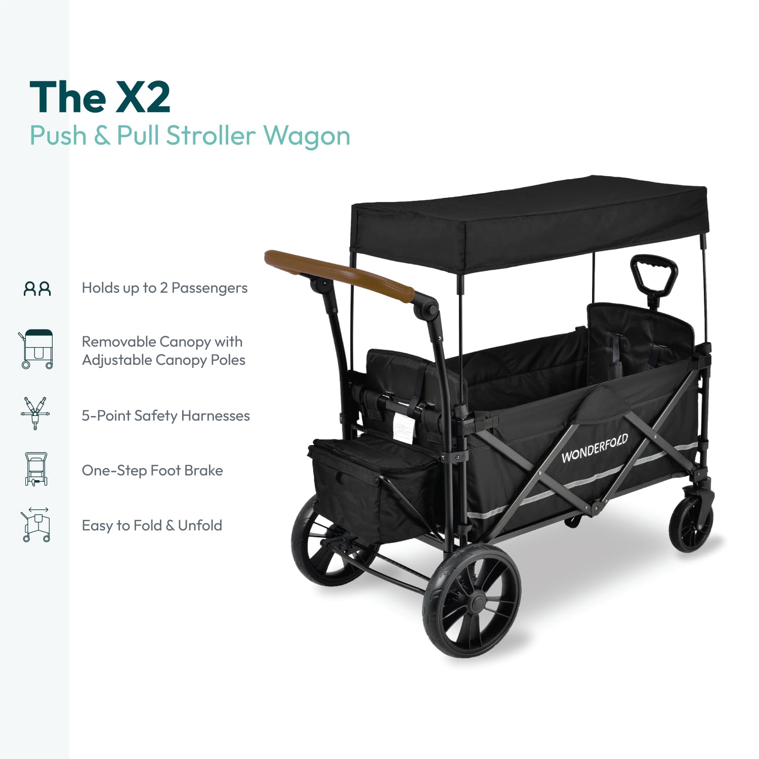 WONDERFOLD X2 – Cochecito doble de empuje y tracción (2 plazas) con arneses de 5 puntos, mango de empuje ajustable, mango telescópico y toldo