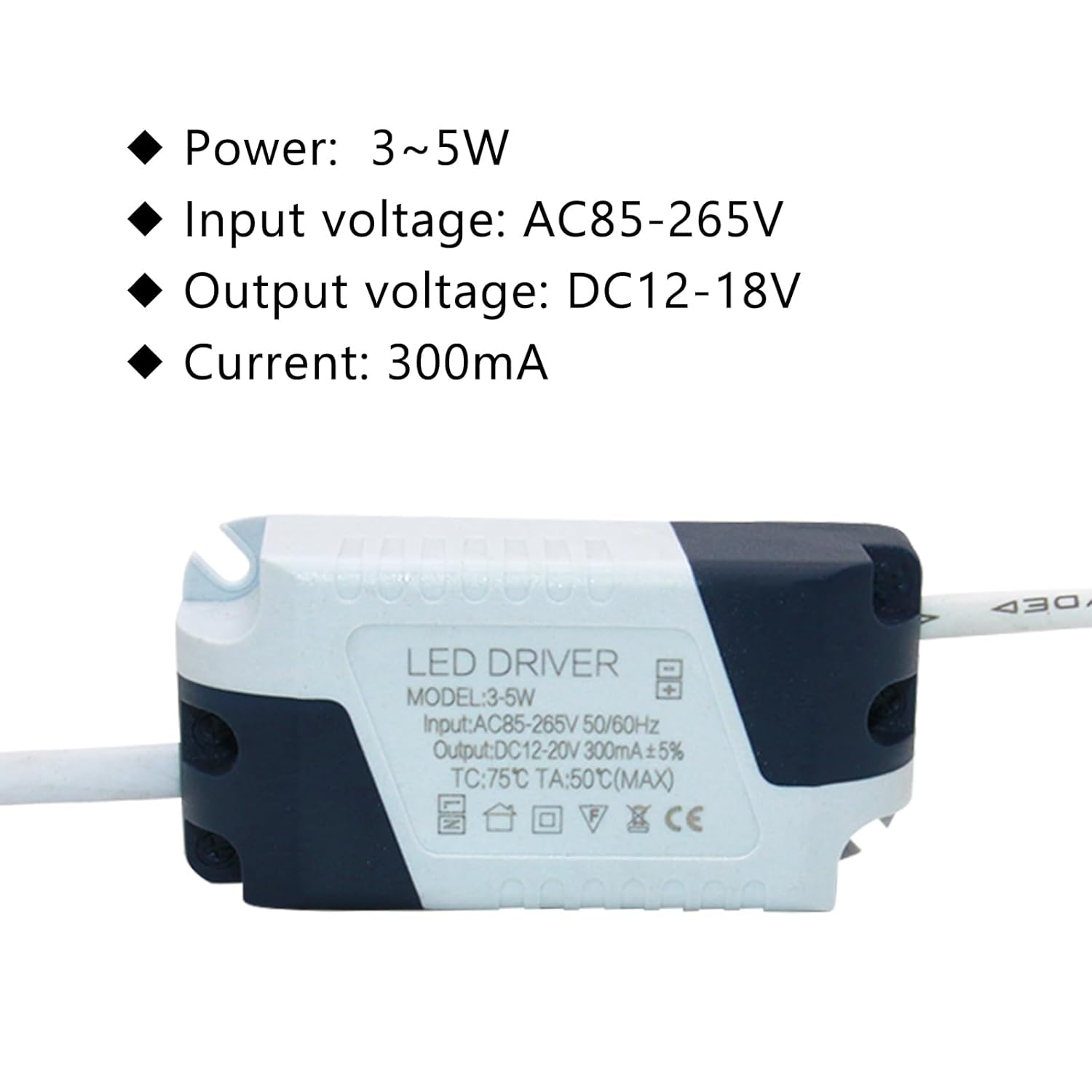 3  5W LED Driver 300mA Corriente constante de alta potencia AC 85-265V Salida 12-18V DC Conector hembra con clip Fuente de alimentación externa