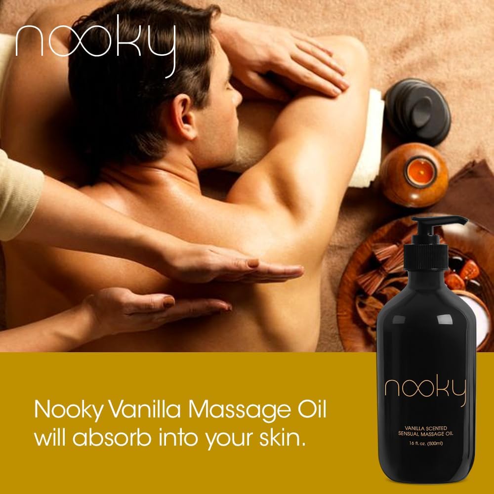 Nooky Aceite de masaje con ingredientes naturales de primera calidad. Aceites relajantes esenciales y dulces de almendras para masajear 16 onzas