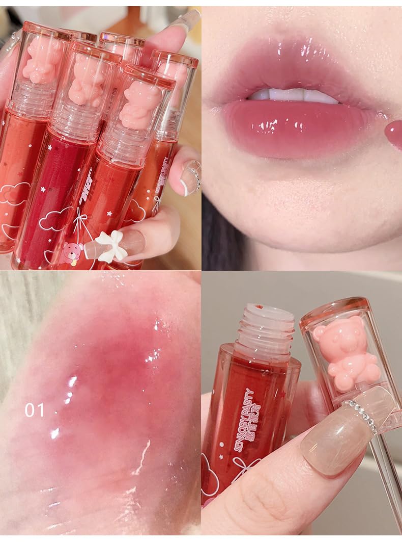 Juego de lápices labiales líquidos hidratantes de oso de 6 colores, lindo oso gelatina, juego de esmalte de labios dulce hidratante, maquillaje de