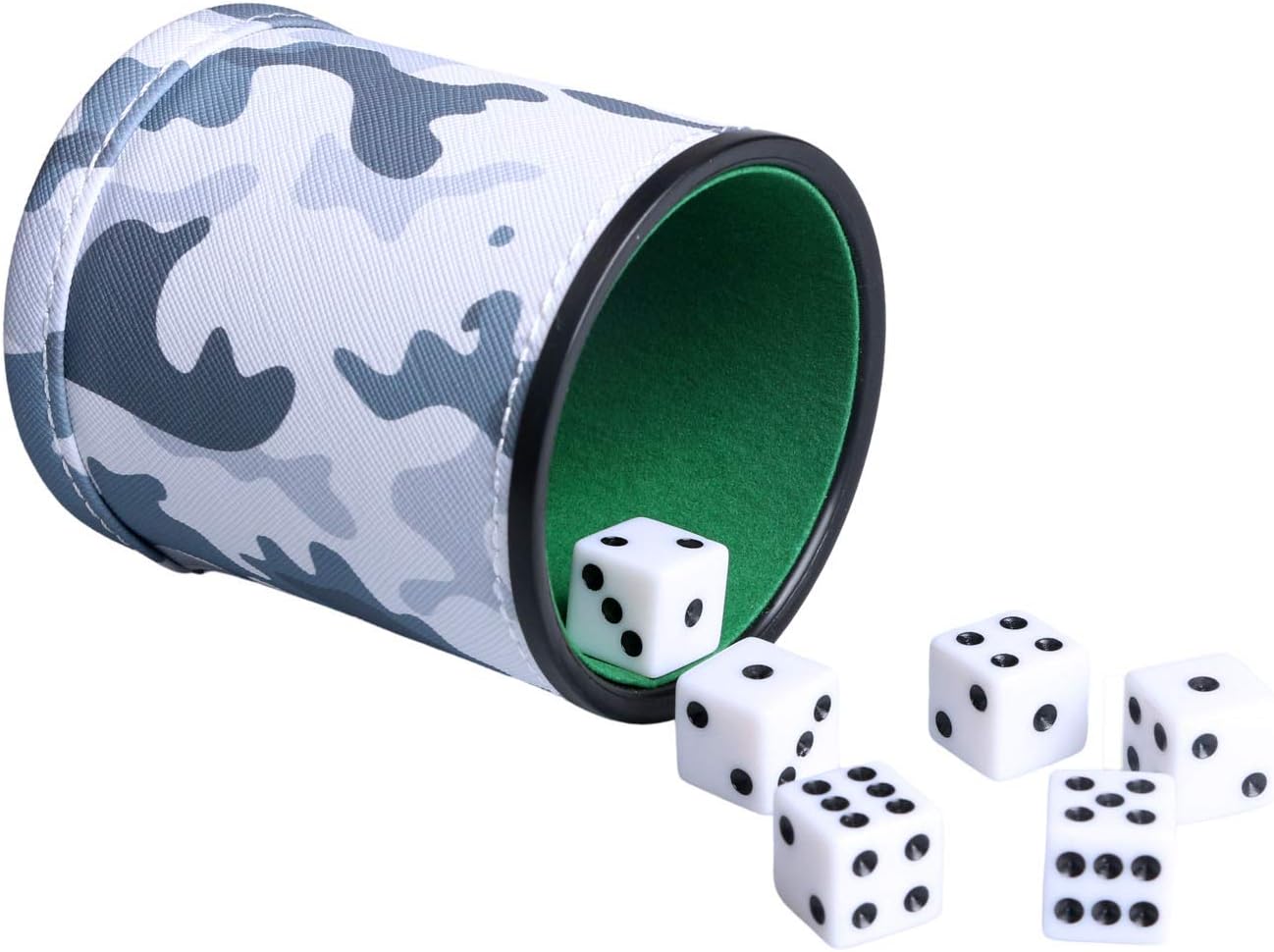 RERIVER Taza de dados de piel sintética con 6 dados, agitador silencioso interior forrado de fieltro para mentirosos dados, FarkleYahtzee, patrones