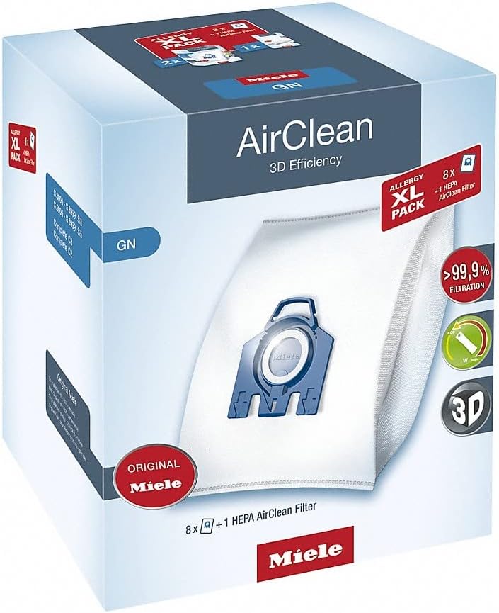 Miele Allergy XL Pack AirClean 3D GN Bolsas para aspiradoras, 8 bolsas, 1 filtro Hepa