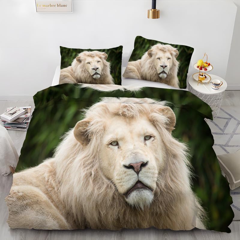 Juego de funda de edredón tamaño individual de león africano verde con estampado de animales, funda de edredón de microfibra suave y 2 fundas de