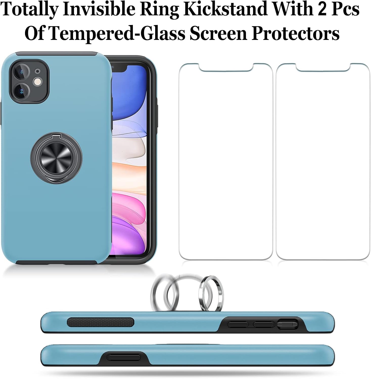 JAME Funda para iPhone 11 con protector de pantalla de vidrio templado, funda delgada y suave para iPhone 11, con soporte de anillo invisible y