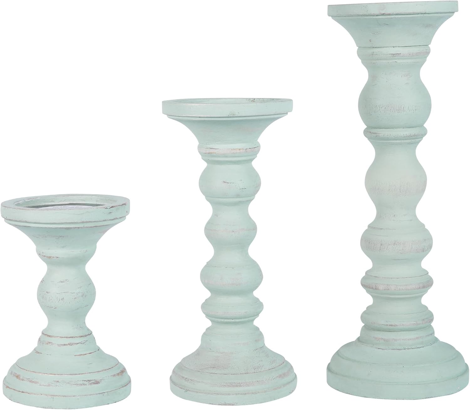 Portavelas “Willow” para velas de pilar (azul ópalo, juego de 3), portavelas de madera de mango, portavelas de madera de granja, soporte de velas