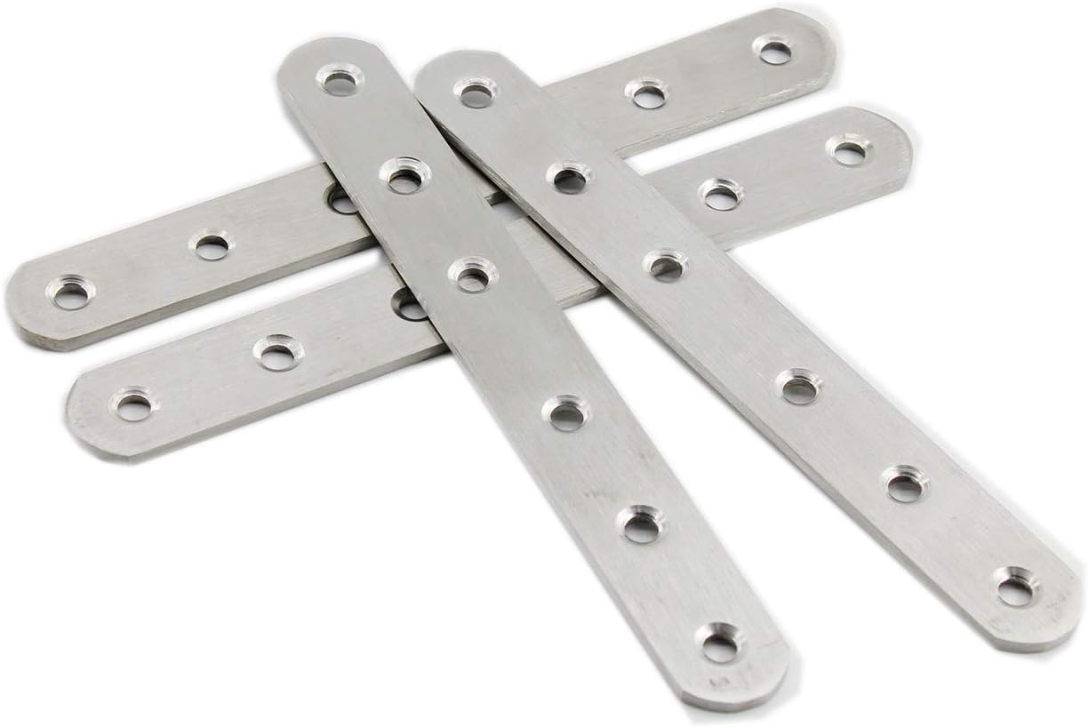 Paquete de 4 placas planas de reparación para madera, soportes rectos de acero inoxidable de 6.299 in  6 pulgadas de longitud, 6 orificios para