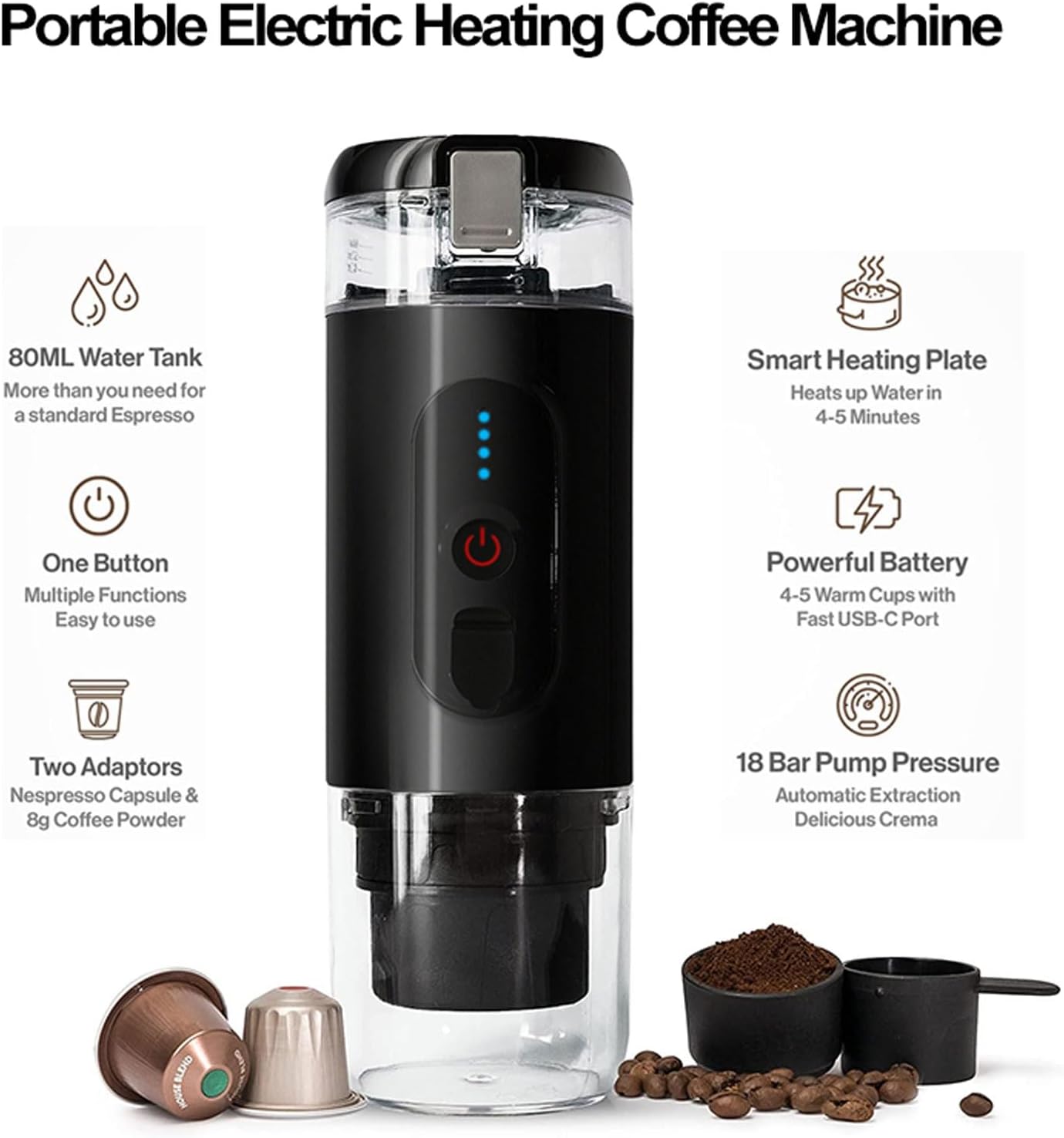TOPINCN Cafetera portátil, cafetera de viaje a presión de 18 bares, compatible con cápsula y carga USB de tierra para viajes, oficina