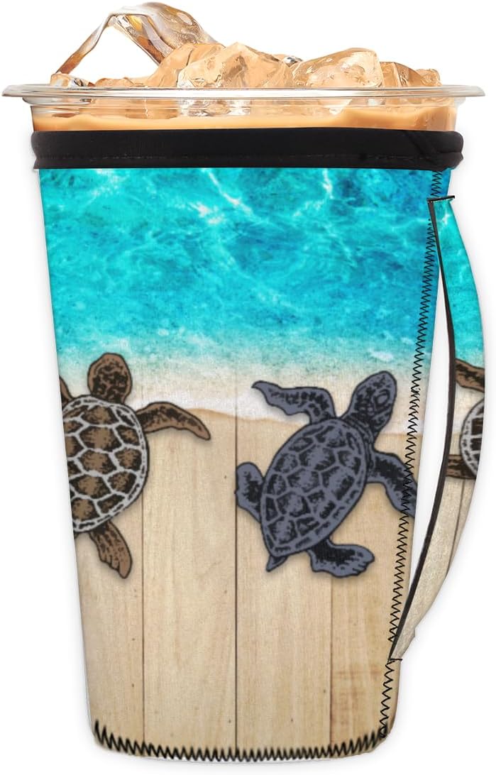 Funda de neopreno reutilizable para café helado de tortuga marina con asa, funda aislante de neopreno reutilizable de madera para bebidas calientes