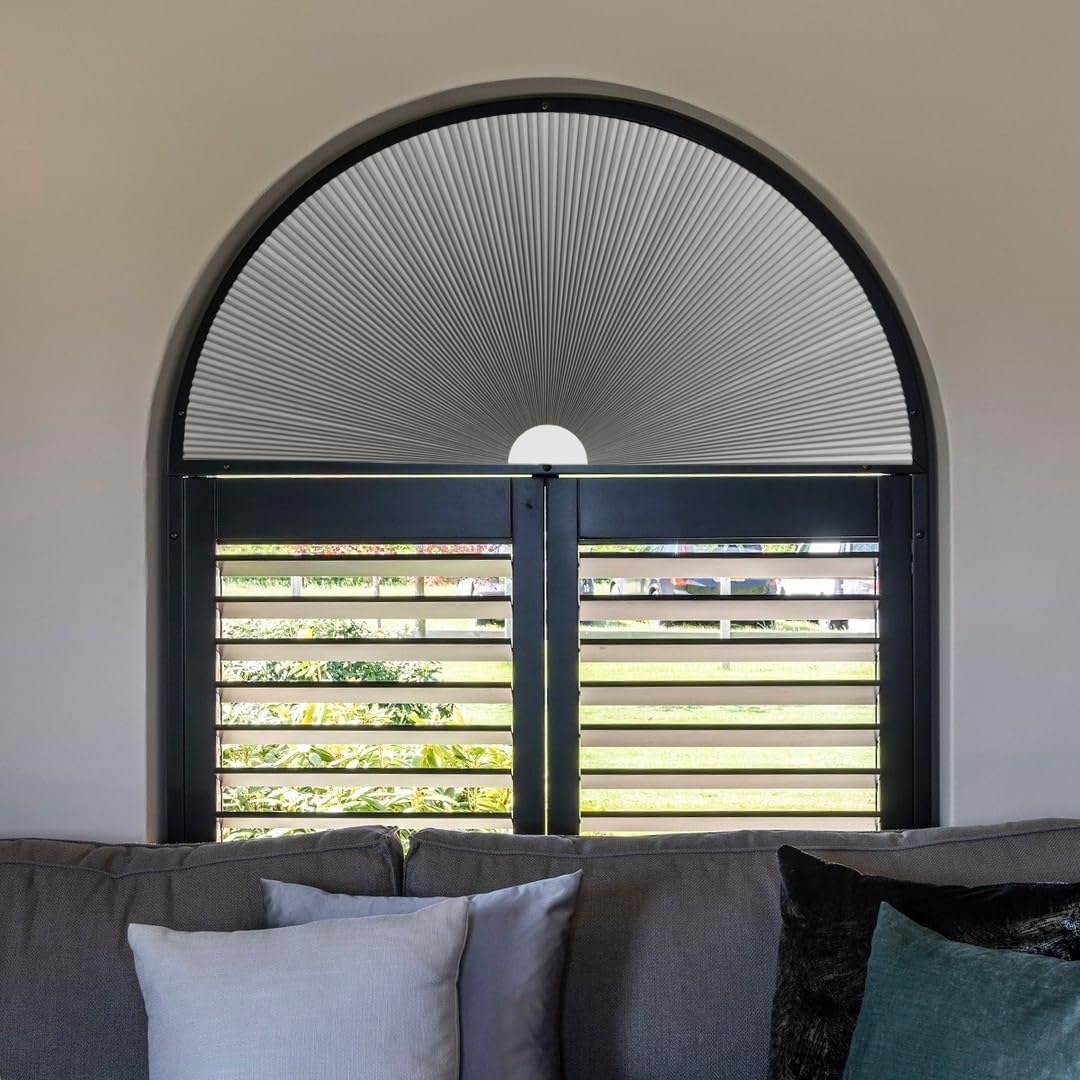 JDALL Persianas plisadas de panal medio círculo para ventana de arco medio círculo, cortina de arco de tela filtrante de luz, fijación rápida y
