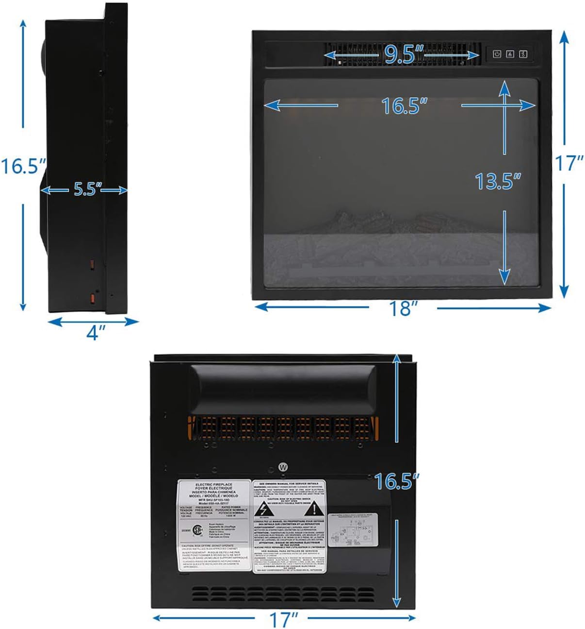 Inserto de chimenea eléctrica de 18 pulgadas, calentador de chimenea empotrado con bajo ruido, control remoto con temporizador, pantalla táctil,