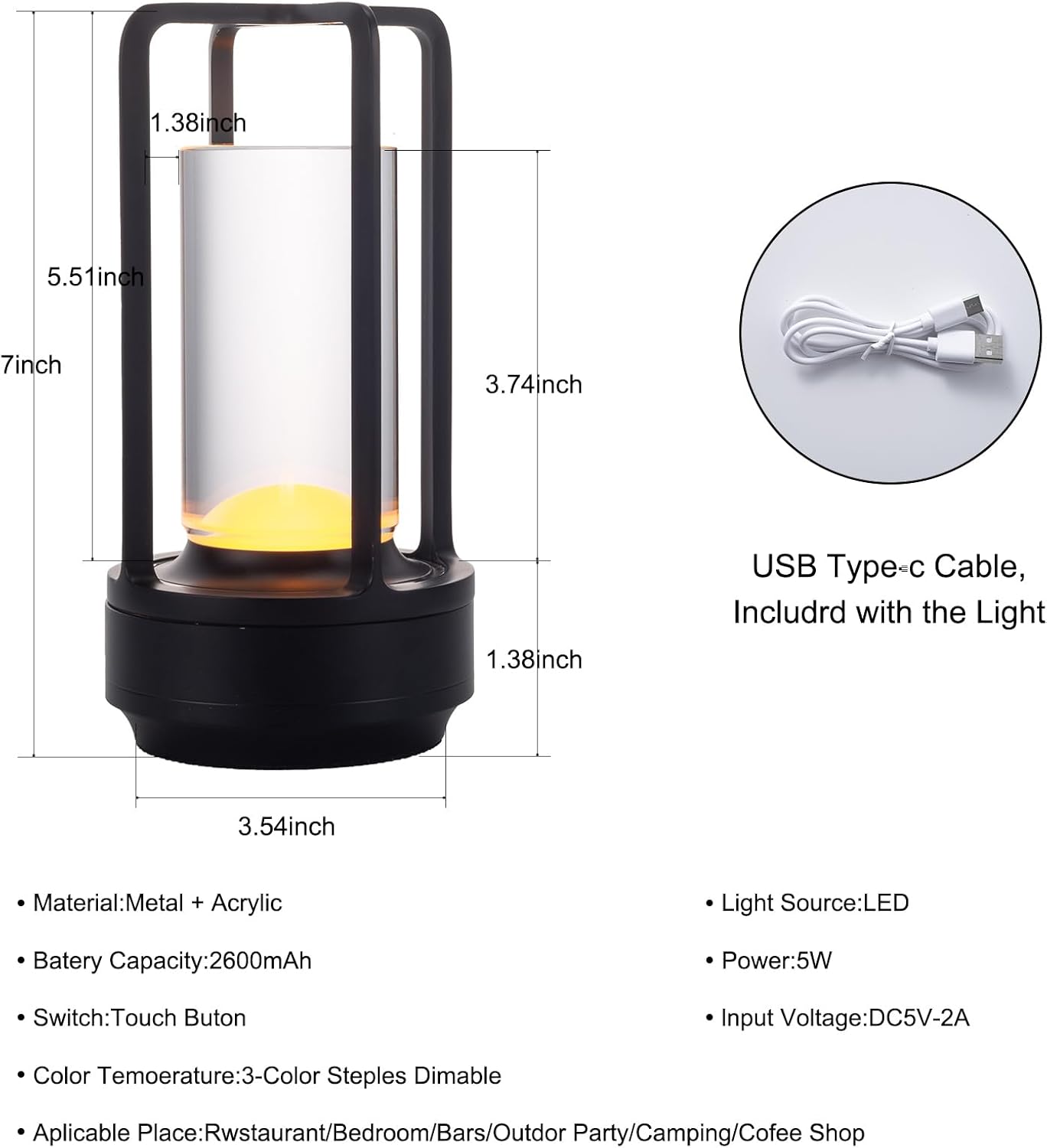 Lámpara de mesa LED portátil inalámbrica, lámpara de escritorio recargable con sensor táctil (2600 mAh), regulable de tres niveles adecuada para