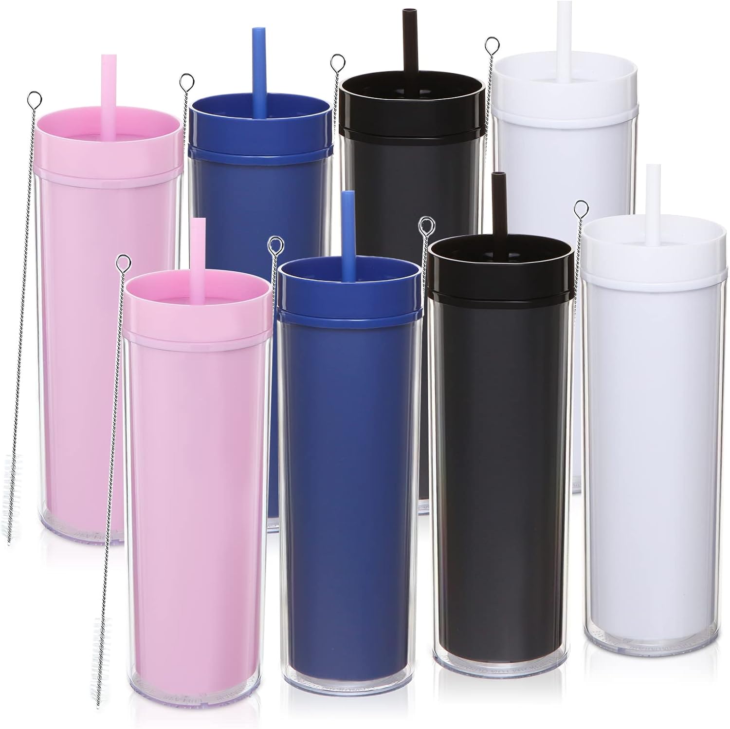 Volhoply Vaso de 20 onzas con tapa y pajita, paquete de 8 vasos delgados de plástico transparente de doble pared a granel, taza de café de viaje