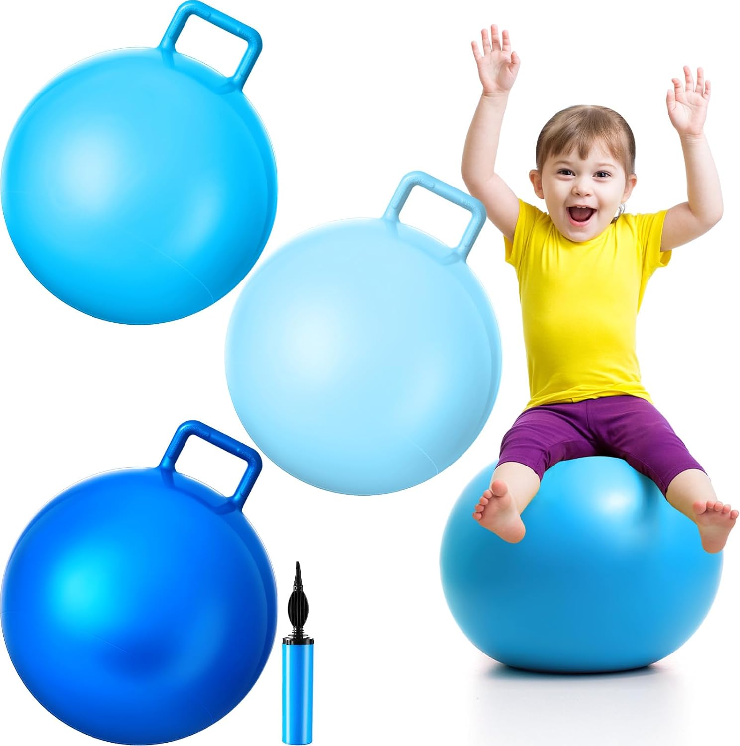 Lewtemi 3 pelotas de salto de salto, pelota de ejercicio con mango y bomba de aire para deportes al aire libre, juegos escolares, ejercicio (serie