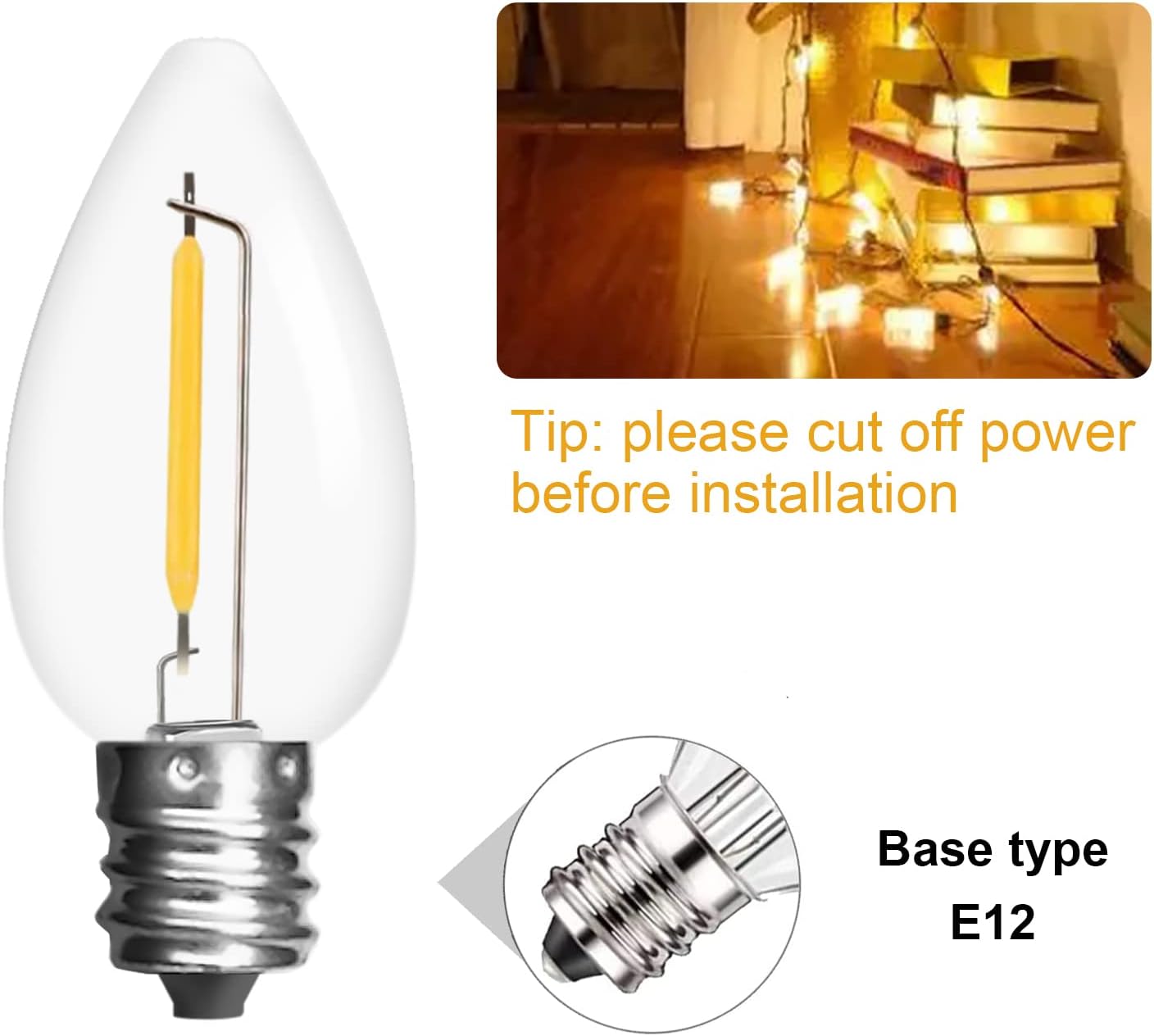 Jslinter Paquete de 25 bombillas LED C7 de repuesto, 1 W (equivalente a 11 W), 60 LM, 2200 K blanco cálido, inastillable, base de tornillo E12,