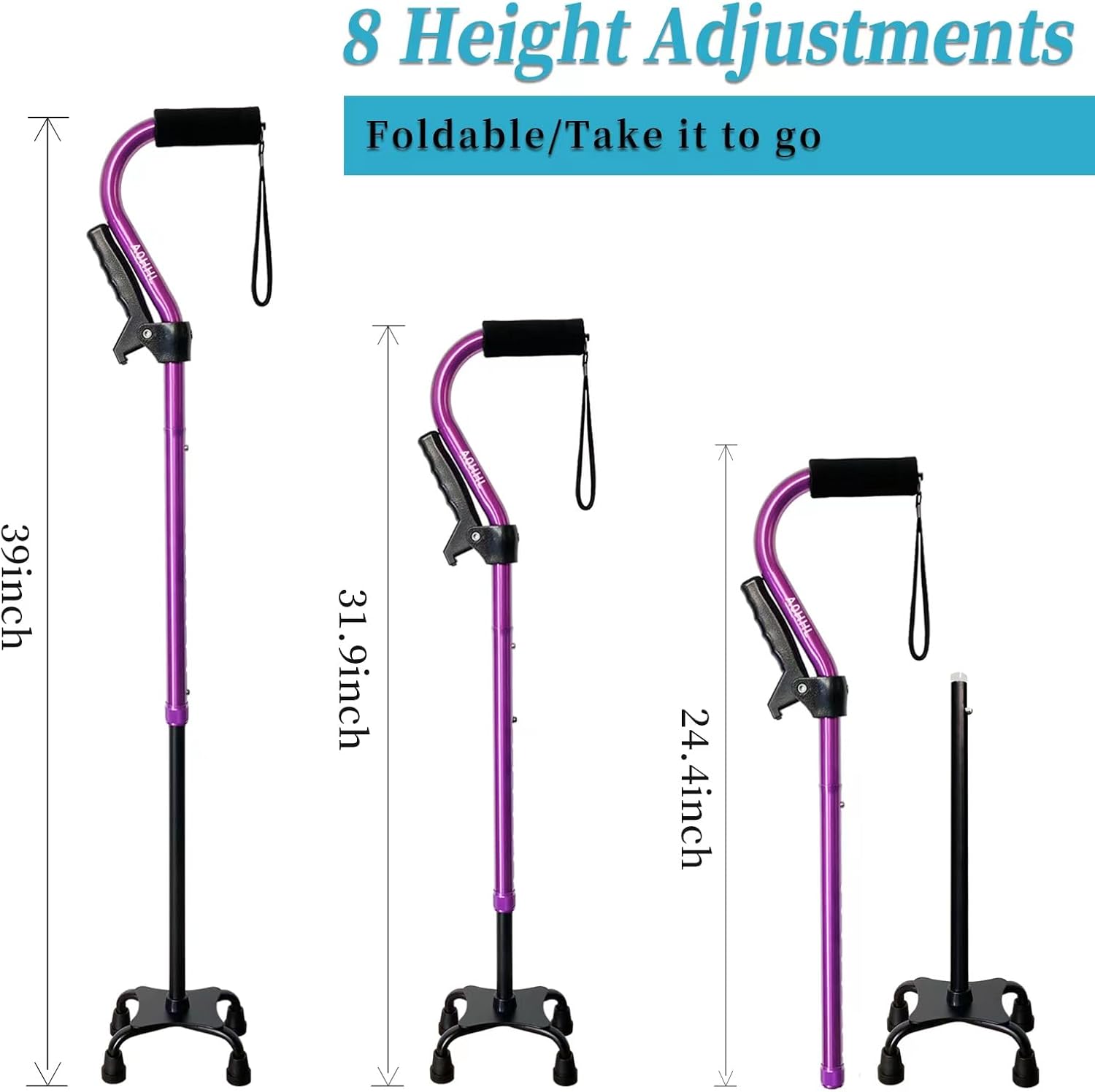 Bastón plegable y ajustable para hombres y mujeres y personas mayores, ligero y resistente con base de 4 puntas para un equilibrio de estabilidad
