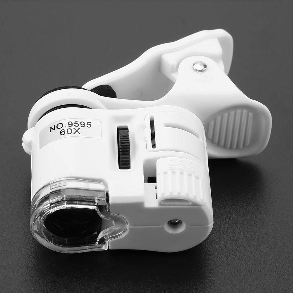 Akozon Mini microscopio del teléfono móvil 9595W 60X Lupa LEDLight Mini Microscopio del clip del teléfono móvil