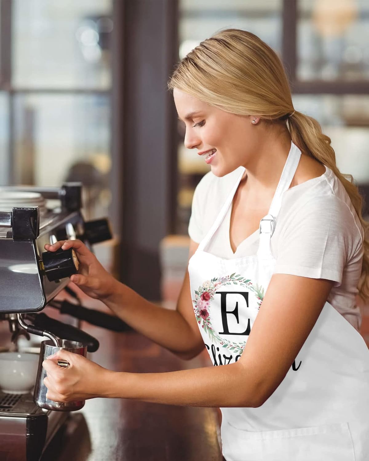 Delantales personalizados para mujer, diseño de letra inicial floral, delantal personalizado, delantal de chef ajustable con 2 bolsillos